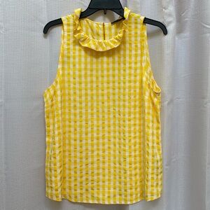 Ladies J. CREW Sleeveless Ruffled Neck Yellow Gingham Blpuse Size M.